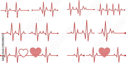 ECG waveform heart icons, heartbeat pattern grid, red electrocardiogram design, love and health concept, medical and emotional symbolism, Valentine theme