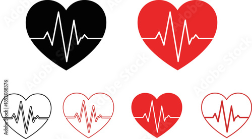 Heart health icons, ECG line hearts, medical monitoring symbols, cardiovascular activity illustration, healthcare design, fitness concept, red and black heart graphics