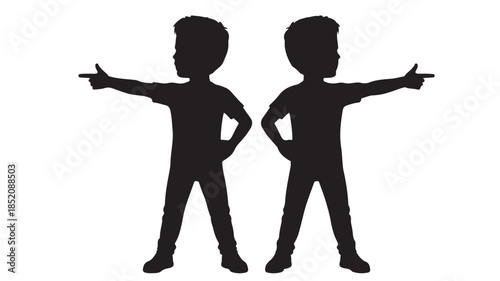Silhouetted children pointing in opposite directions with confident gestures in black and white contrast for social media content
