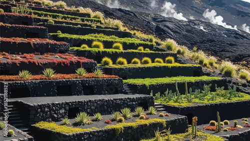 Stunning volcanic landscape featuring tiered black stone terraces with vibrant succulent gardens
