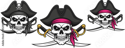 Pirate skull illustration, crossed swords, tricorn hat, bandana variations, black vector design for adventure, Halloween, danger, emblem, themed content