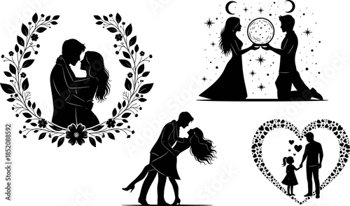 Romantic couple silhouette, celestial love scene, dancing lovers, father daughter bond, family affection, black vector illustration for Valentine, relationship, parenting, stock design