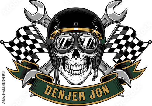 Skull with helmet and goggles, crossed wrenches, racing flags, rebellious biker emblem for automotive, motorcycle, mechanic, speed, danger, edgy design