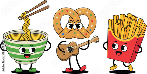 Cartoon global food character set with noodle bowl, pretzel, and French fries for playful culinary and educational themes.