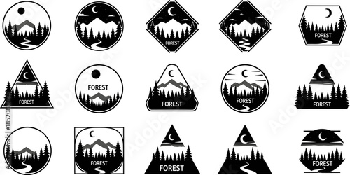 Black and white forest logo set, pine tree and mountain emblem collection, geometric nature badges, outdoor branding, wilderness design pack