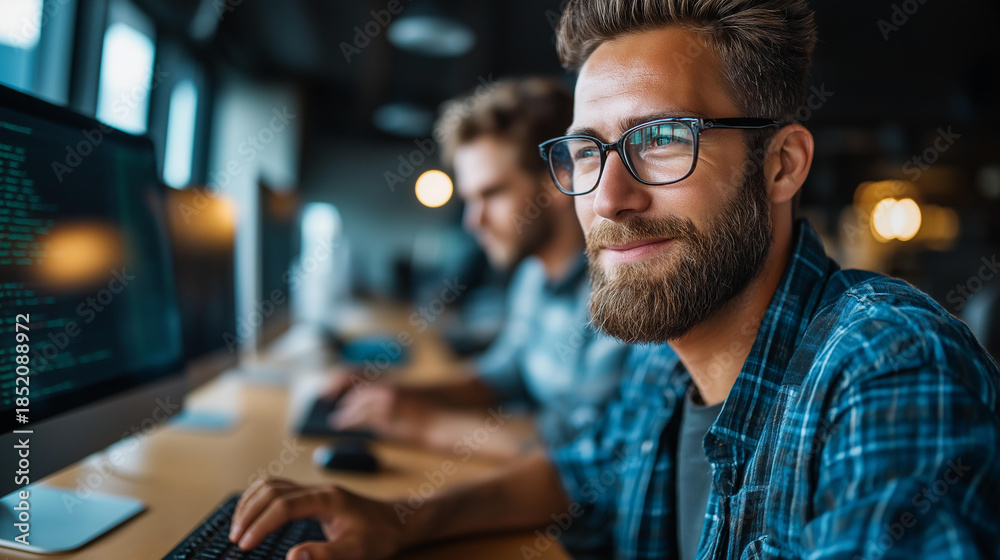 Fototapeta premium Two IT specialists working in office, technology professionals collaborating, software development session, modern workspace environment, defocused interior setting, with copy space