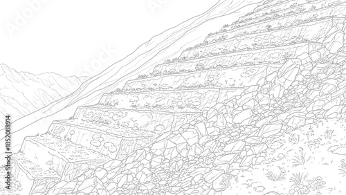 Black and white line art illustration of ancient agricultural terraces carved into a steep mountainous landscape