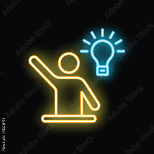 Neon icon of a businessman raising his hand next to a lit light bulb, representing the concept of having an idea