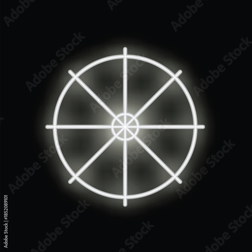 White neon sign is glowing on a black background, taking the shape of a dharma wheel, a buddhist symbol