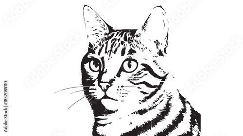 Tabby cat illustration in minimalist style with high contrast black and white for pet branding