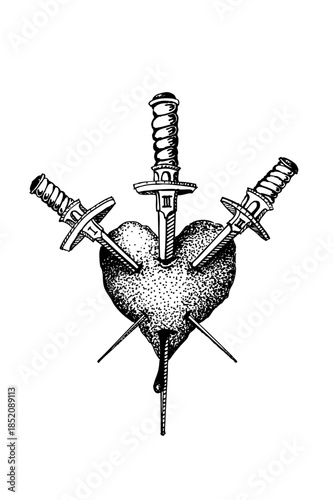 Corazón atravesado por 3 espadas, carta del tarot, tatuaje.