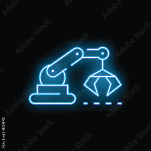 Bright blue neon icon of industrial robot arm holding something using three claws on black background