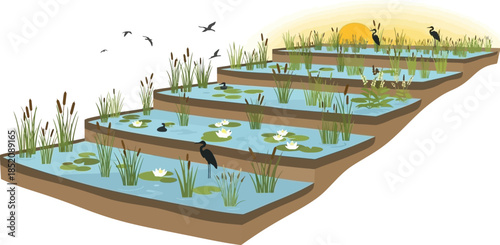 Illustration of a constructed multi-stage vertical flow wetland system for natural water purification processes