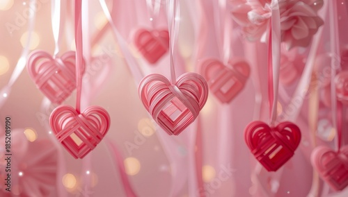 Hanging Pink Hearts and Ribbons Create a Festive Atmosphere for Decoration an...
