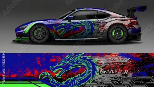 Vibrant blue and green dragon graphic car wrap design on a modern sports coupe with abstract digital patterns and red accents.