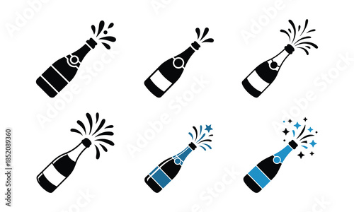 Champagne Bottle Popping Icons In Black And Blue splashing