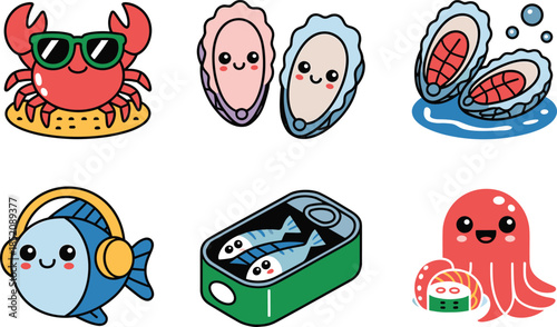 Cartoon sea creature and seafood character set with crab, oysters, clams, fish, sardines, and octopus.