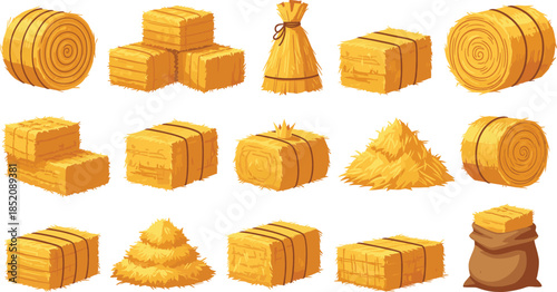 Hay Bales And Straw Bundles Collection With Farm Harvest Elements Isolated On White Background Flat Vector Illustration