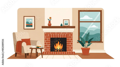 A cozy living room with a fireplace, comfortable armchair, and large window overlooking the sky