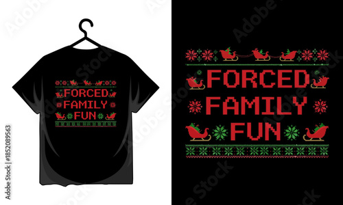 Forced Family Fun Holiday Sweater Design with Antlers and Red Text on Black Background Image