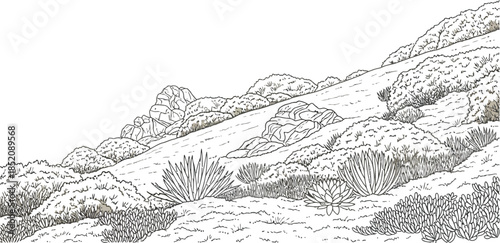 Sketch illustration of a dry desert hillside featuring various succulents shrubs and exposed rocky terrain elements