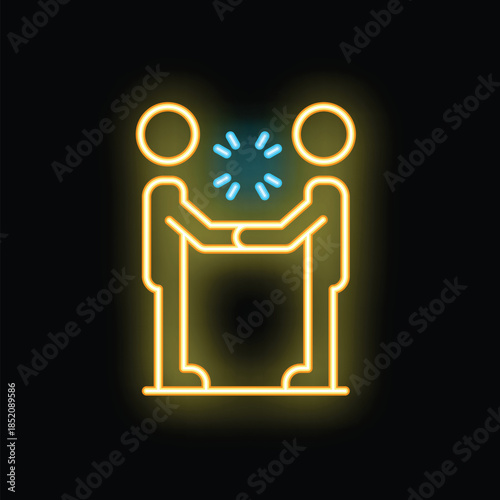 Neon sign illustrating two businessmen shaking hands, symbolizing a successful business deal