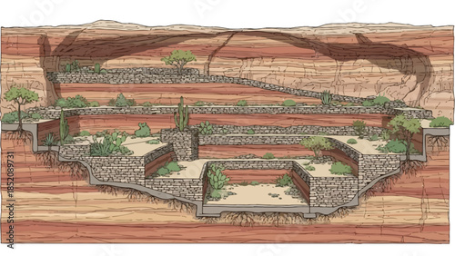 Cross section illustration of ancestral puebloan cliff dwelling terraced farming system in canyon wall