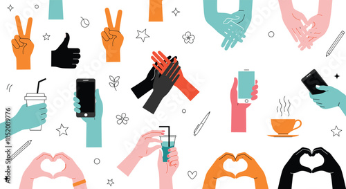 Human Hands Gestures Collection Showing Communication Symbols And Everyday Actions Isolated On White Background Flat Vector Illustration