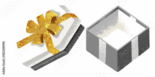 An open gift box with a golden ribbon presented in an illustrative style