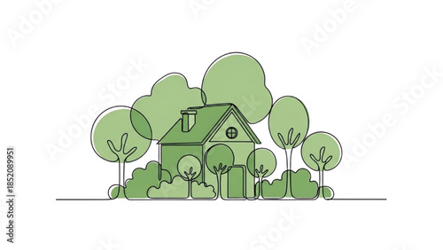 A serene house surrounded by lush greenery and trees in a peaceful landscape viewed from the front