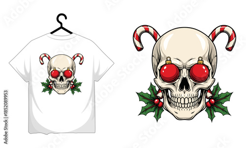 Christmas Skull T-Shirt Design with Candy Canes and Holly, Holiday Graphic Tee for Men Women