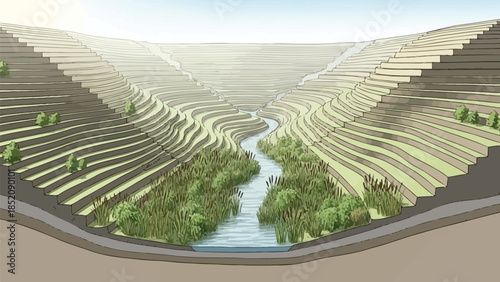 Illustration showing a cross section of a terraced slope with a meandering stream and riparian vegetation buffer
