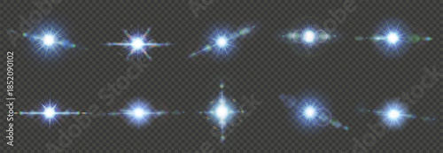 Light glow and shine realistic effect with flare and bright sparkle vector set. Camera flash with blue rays and beams, magic sunlight and abstract energy. Lens flare festive decoration and neon burst