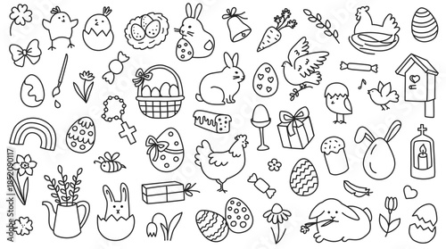 Easter doodle with line art spring cute hand drawn chick, egg and bunny, basket and flower, cross and rainbow for Happy Easter holiday celebration. Vector sketch isolated set