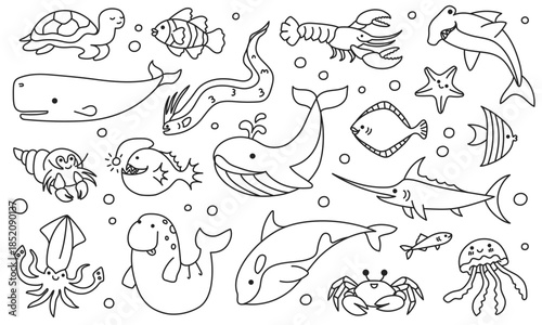 Sea animal doodle, line fish and marine creature, ocean cartoon underwater sketch. Octopus and seahorse, dolphin and turtle, whale and lobster, shark and crab aquatic undersea funny vector set