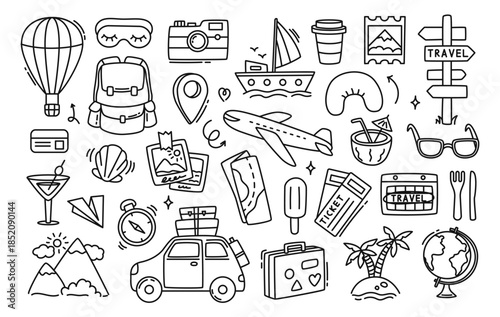 Travel hand drawn doodle icons. Summer vacation hot air balloon and camera, sailboat and map. Suitcase and backpack, compass and ticket for holiday tourism. Passport, tropical drink vector set