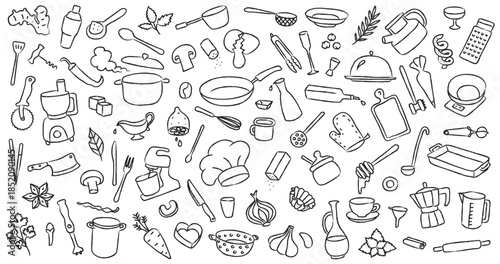 Kitchen cook doodle utensil and food line sketch icons. Pot and bowl, fork and plate, frying pan and whisk for cooking. Chef hat, restaurant menu elements cutlery vector isolated set