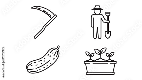 Farmer with gardening tools and vegetables in simple line art style with black and white color scheme for agricultural illustration