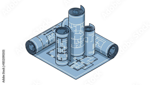 Blueprints and Architectural Plans Rolled and Standing on a Flat Surface