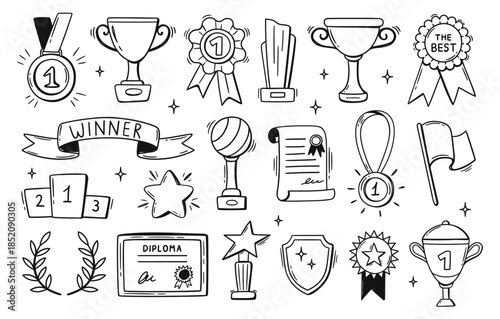 Winner award doodle. Trophy cup and medal for champion victory, sport competition and success achievement or honor certificate. Hand drawn wreath and podium for sports banner, social media and poster