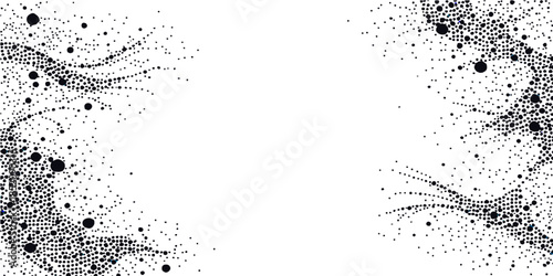 Abstract black and white grunge background with a dark ink splash texture and splat pattern featuring liquid paint drops and artistic splatter elements in a dirty vector design