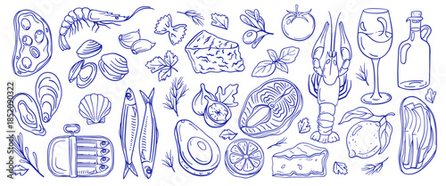 Mediterranean diet seafood. Shrimp, salmon and olive oil for healthy cooking, Italian menu and restaurant branding or packaging. Hand drawn vector set of shellfish and herbs for cafe culinary label