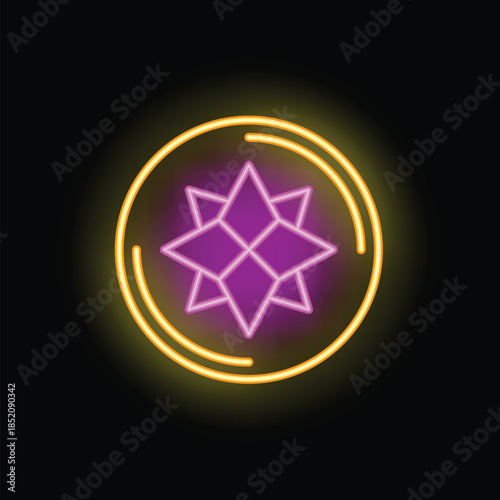 Bright glowing neon light depicting eight pointed star symbol inside circle, representing concepts like guidance, navigation, and inspiration