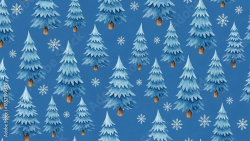 Blue Watercolor Christmas Tree Seamless Pattern with Snowflakes Winter Background