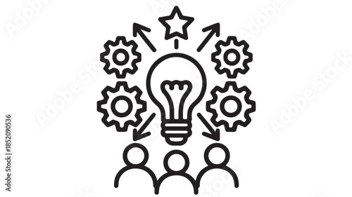 Innovative Teamwork with Bright Idea in Simple Line Art Style on White Background for Business