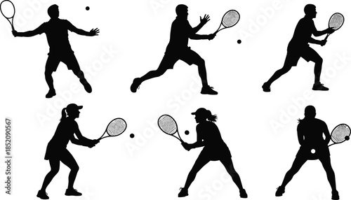 Black, tennis, player, silhouettes, set, action, poses, sports, athlete, competition, racket, match, active, workout, professional, court, training, isolated, male, female.