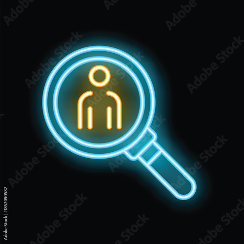 Neon icon of a magnifying glass focusing on and highlighting a person, representing the concept of recruitment