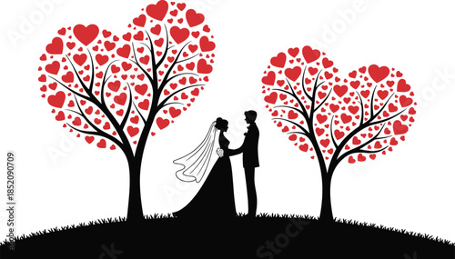 Romantic wedding silhouette with bride and groom under heart-shaped trees for love, unity, and celebration themes.