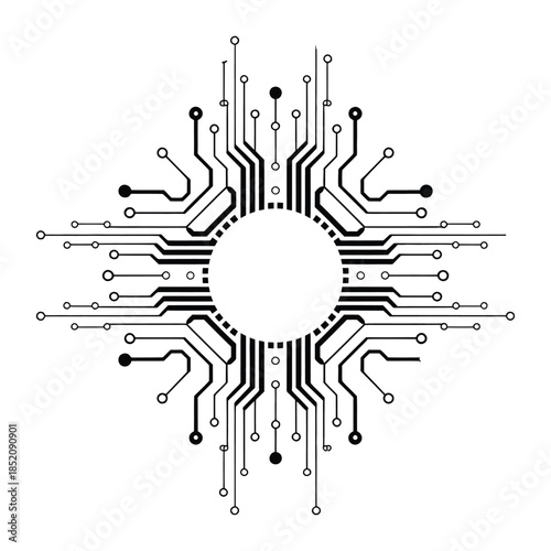 Abstract Technology Circuit Board Vector Design Connection Pattern with Electronic Components on Transparent Background Central Circle Empty for Text Illustration