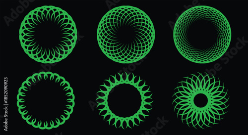 Green Geometric Rosettes. Circular Frames. A vector set of ornamental lace patterns, round borders, and abstract motifs for badge design, logo emblem, and decorative element.